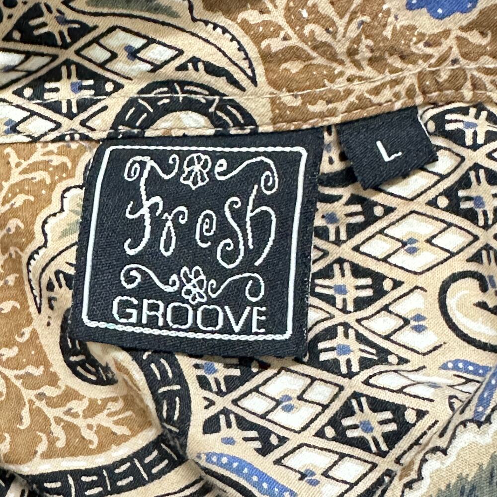 Fresh Groove Mens Shirt size L Brown Short Sleeve Button Up Paisley 100% Cotton - Picture 7 of 8